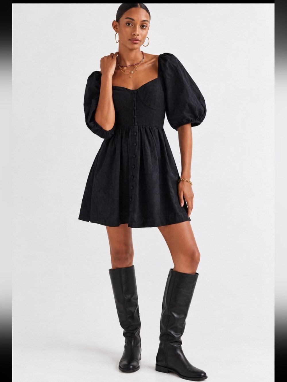 Maeve Anthropologie Black Puff-Sleeve Mini Dress